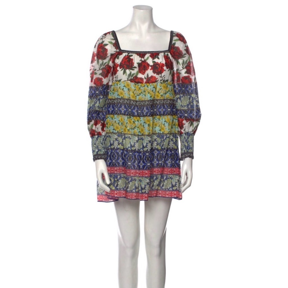 Alice and Olivia floral Baby Doll Dress square neckline, puff sleeves Size  S